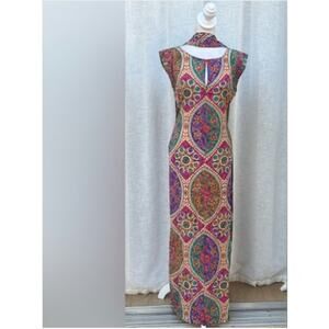 Calypso St. Barth-  Multicolor Boho Short Sleeve Maxi Silk Dress w/ Scarf.